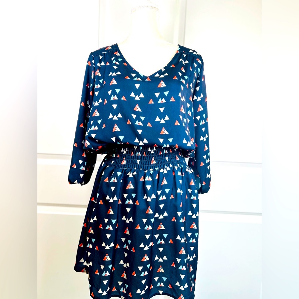 Betabrand Blue Printed Travel Dress Pockets V Neck Wrinkle Free